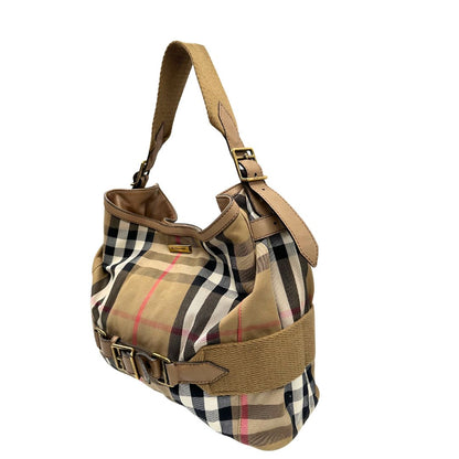 lato  Borsa Burberry in tessuto tartan beige con parti metalliche dorate; munita di un manico singolo, indossabile a spalla, di lusso, originale, ottime condizioni, usata. 