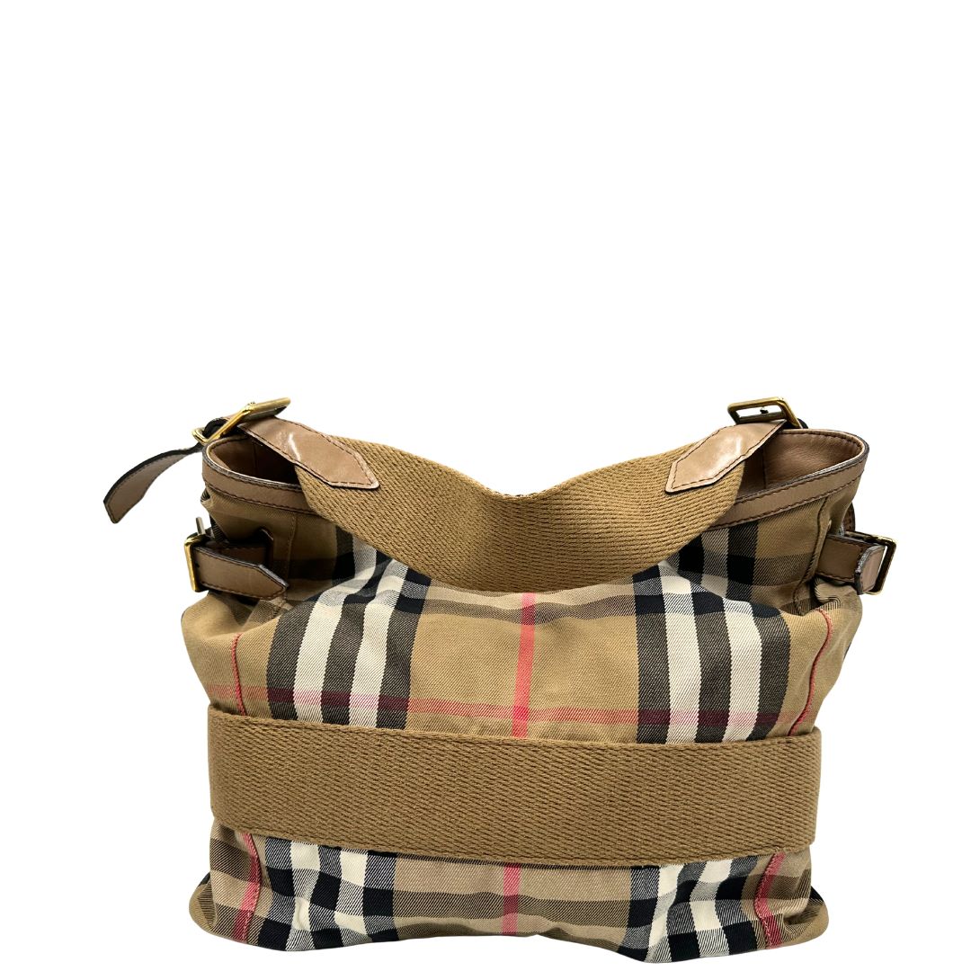 retro  Borsa Burberry in tessuto tartan beige con parti metalliche dorate; munita di un manico singolo, indossabile a spalla, di lusso, originale, ottime condizioni, usata. 