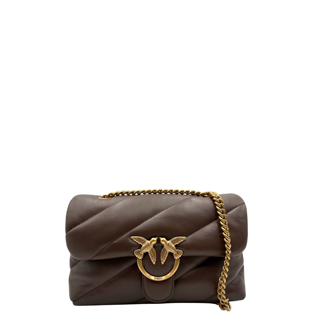 front  Borsa Pinko in pelle matelassè marrone con parti metalliche dorate; munita di di una tracolla scorrevole con spallaccio in pelle, di lusso, originale, eccellenti condizioni, usata. 