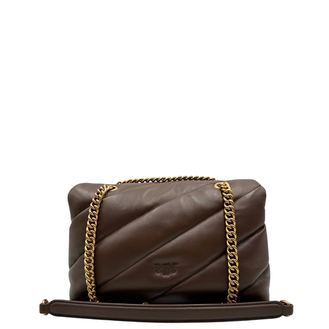 retro  Borsa Pinko in pelle matelassè marrone con parti metalliche dorate; munita di di una tracolla scorrevole con spallaccio in pelle, di lusso, originale, eccellenti condizioni, usata.