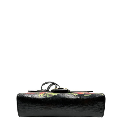 Base di una borsa D&G in pelle nera con stampa melograni e parti metalliche dorate; munita di un manico rigido fisso e una tracolla in pelle regolabile ed amovibile. Completa di dustbag.