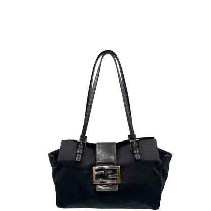 front  Borsa Fendi in tessuto nero con finiture in pelle tono su tono e parti metalliche argentate; munita di doppi manici, indossabile a spalla, di lusso, originale, ottime condizioni, usata. 