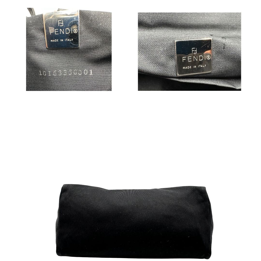 base  Borsa Fendi in tessuto nero con finiture in pelle tono su tono e parti metalliche argentate; munita di doppi manici, indossabile a spalla, di lusso, originale, ottime condizioni, usata. 
