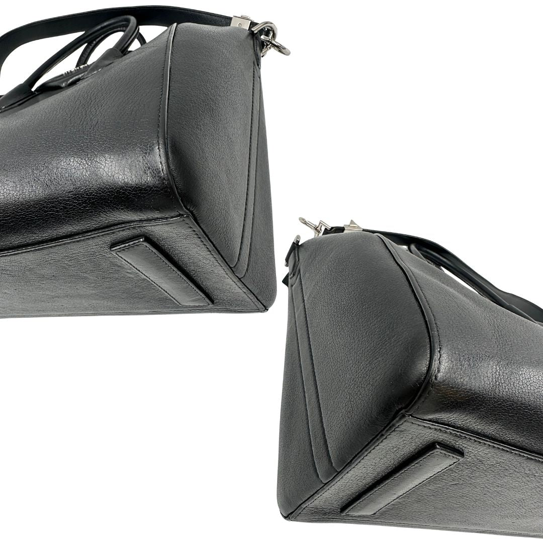 Angoli di una borsa Givenchy Antigona in pelle nera dalla metalleria argentata, usata, originale, second hand, in ottime condizioni.