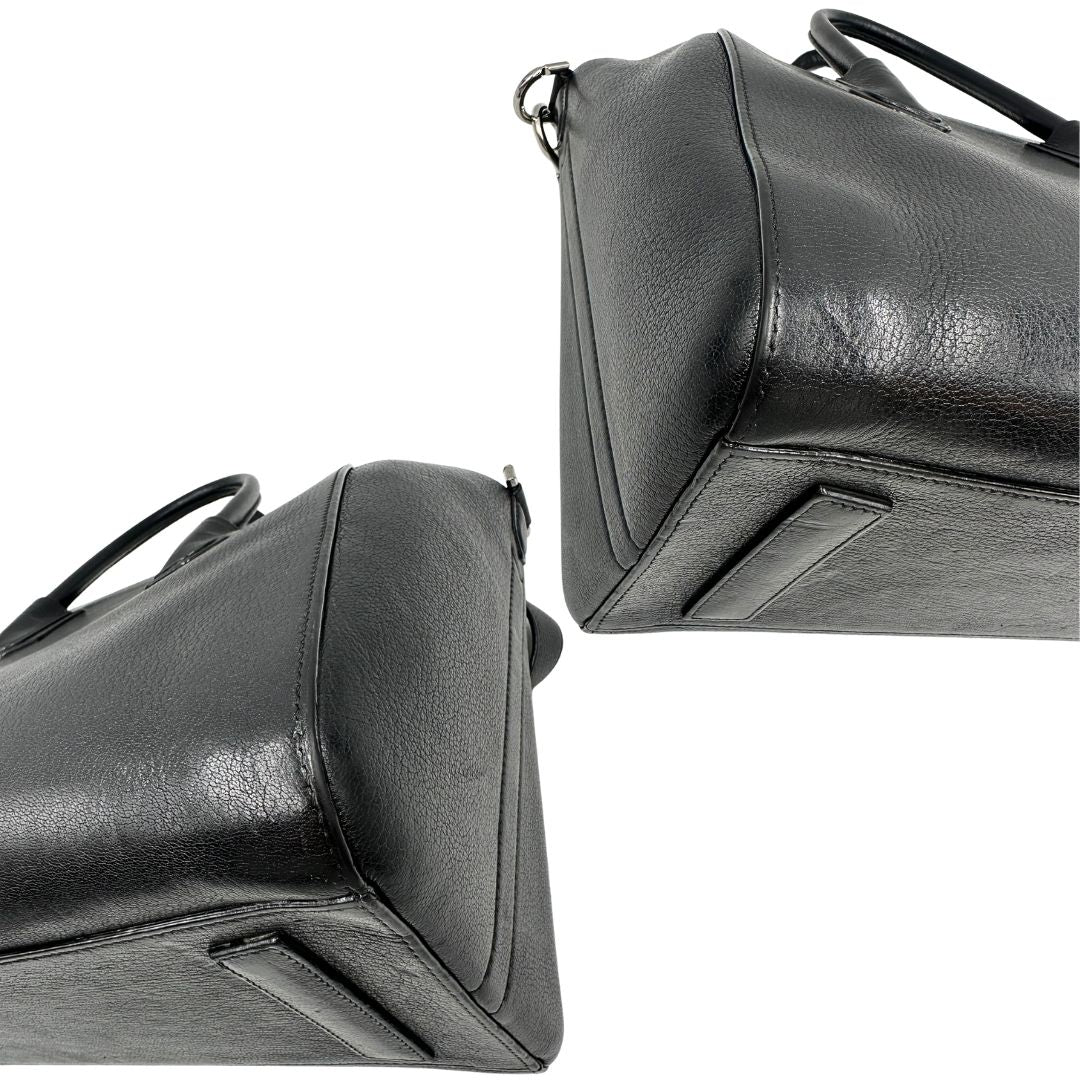 Angoli di una borsa Givenchy Antigona in pelle nera dalla metalleria argentata, usata, originale, second hand, in ottime condizioni.