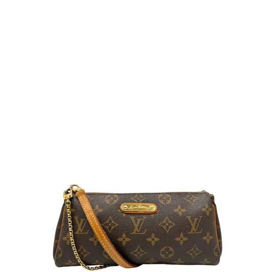 Front di una borsa Louis Vuitton in canvas marrone monogram con finiture in vacchetta naturale e parti metalliche dorate; munita di una tracolla in vacchetta e un manico in catena, entrambi amovibili. Completa di corredo.