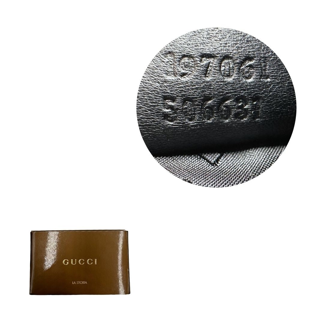 Codice di una borsa Gucci Hysteria in pelle nera, con hardware dorato, usata, originale, second hand, in ottime condizioni.