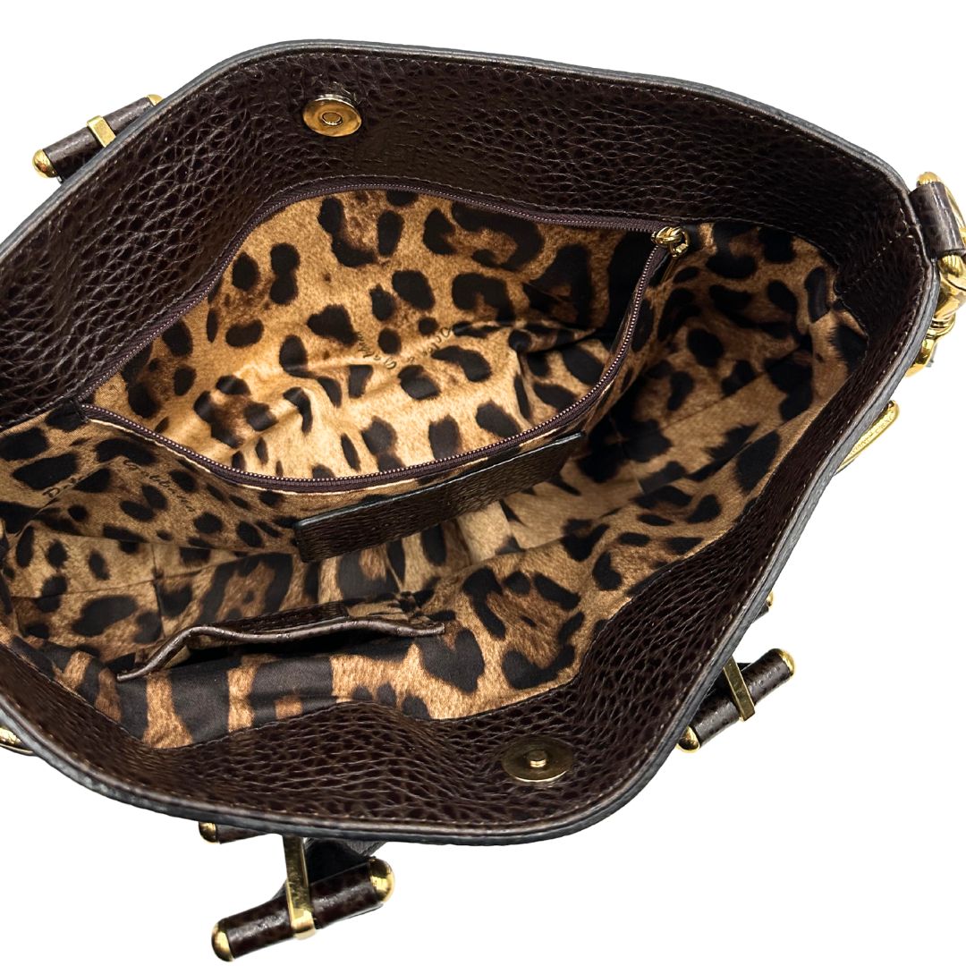 interno Borsa D&G in pelle marrone con interno trama animalier, di lusso, originale, ottime condizioni, usata. 