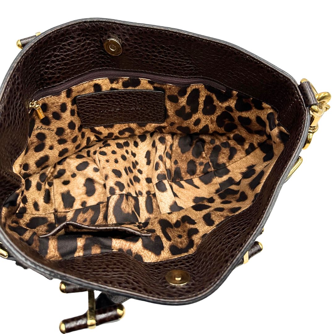 interno Borsa D&G in pelle marrone con interno trama animalier, di lusso, originale, ottime condizioni, usata. 