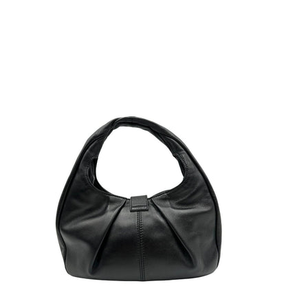 Retro di una borsa modello hobo Borbonese in morbida pelle nera, con metalleria dorata, usata, originale, second hand, in ottime condizioni.