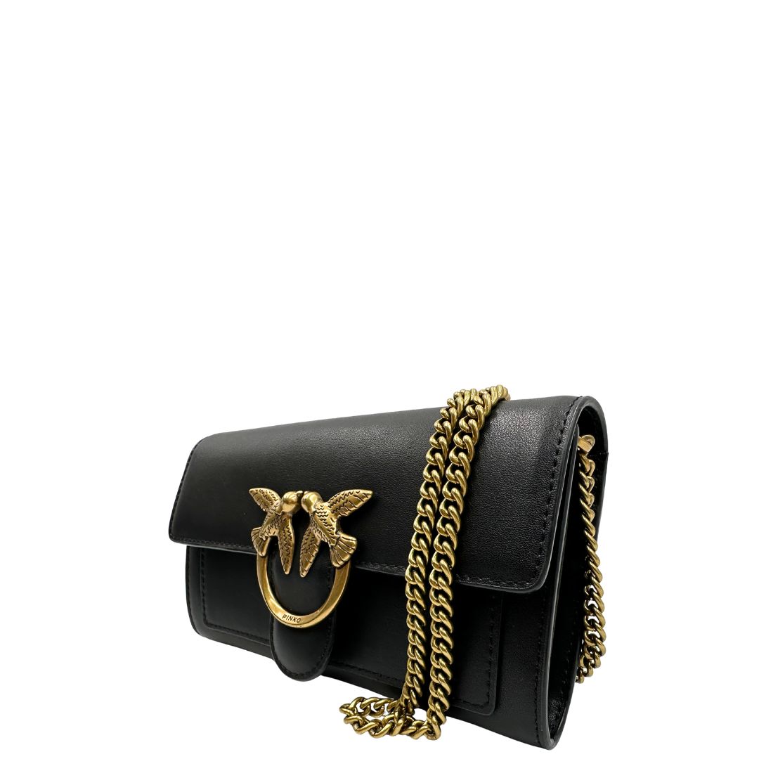 lato Wallet on chain Pinko con tracolla in catena dorata amovibile, di lusso, originale, ottime condizioni, usata. 