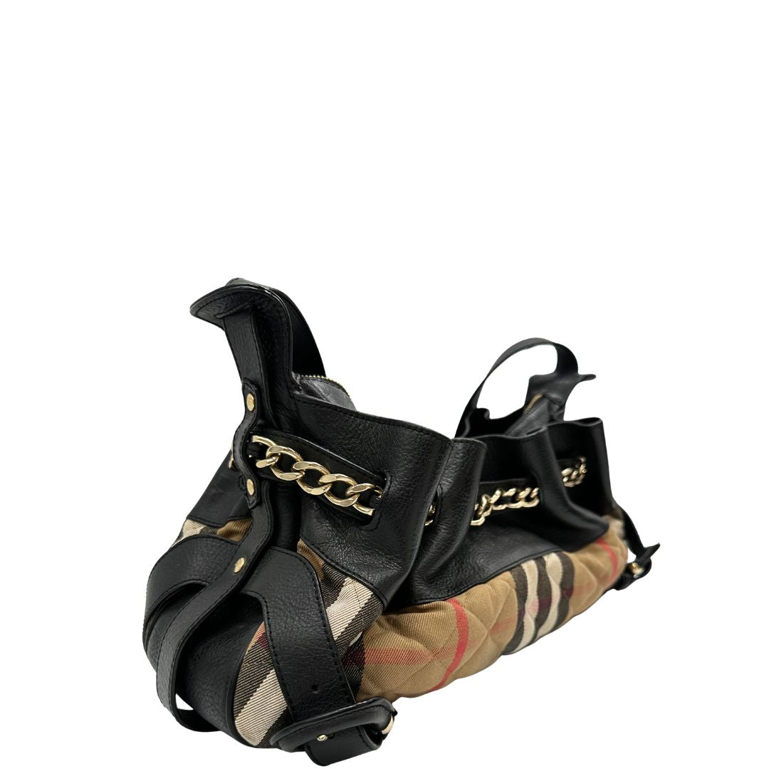 lato Borsa Burberry in tessuto Burberry Check e finiture in pelle nera, di lusso, originale, ottime condizioni, usata. 