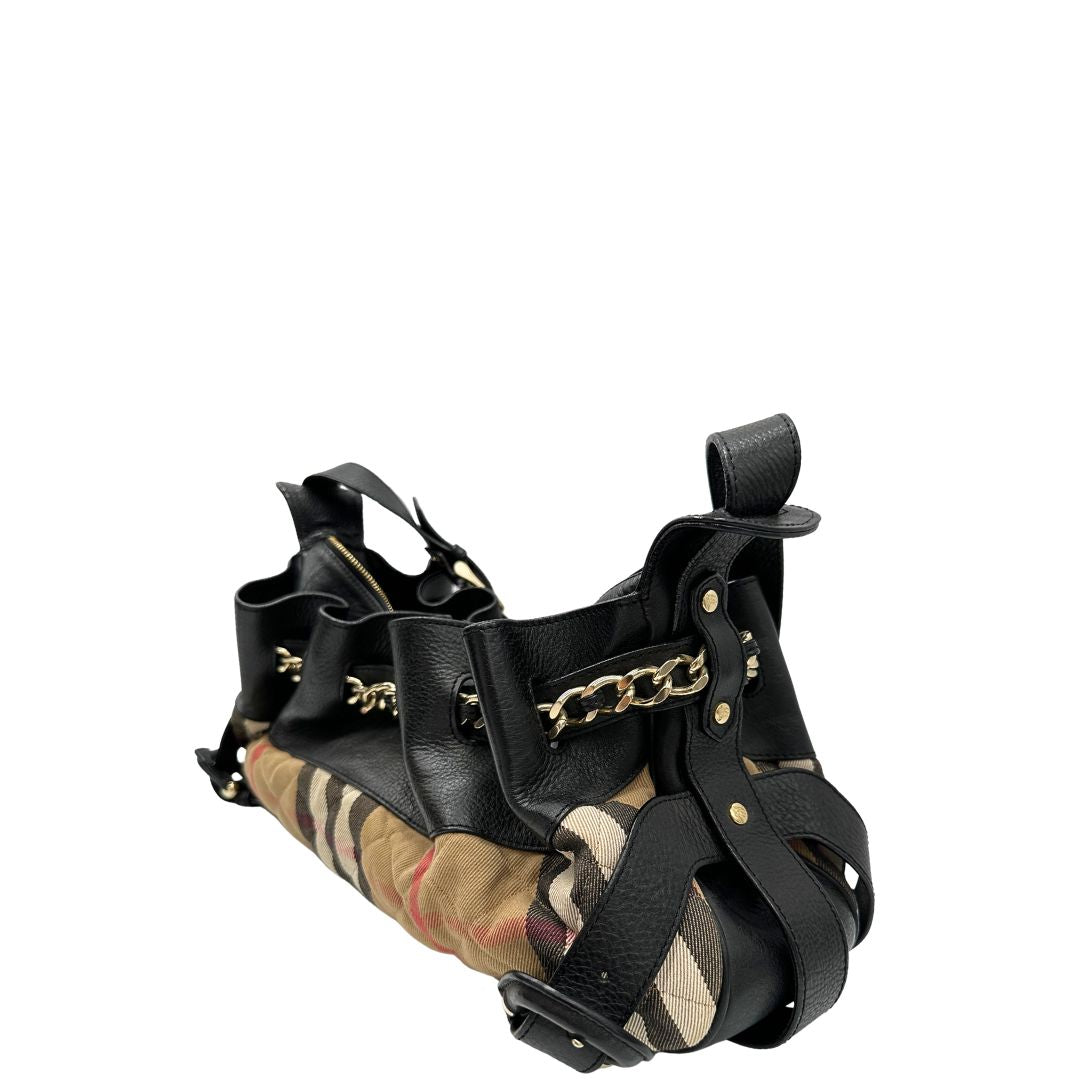 lato Borsa Burberry in tessuto Burberry Check e finiture in pelle nera, di lusso, originale, ottime condizioni, usata. 
