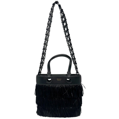 front  Tote Salvatore Ferragamo in pelle nera impreziosita da frange in rafia, di lusso, originale, ottime condizioni, usata. 