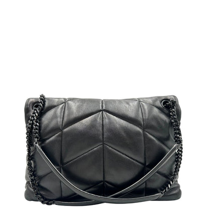 Retro di una borsa Saint Laurent in pelle con impunture trapuntate, con parti metalliche in ottone nero, indossabile a spalla o a tracolla, usata, originale, second hand, in ottime condizioni.