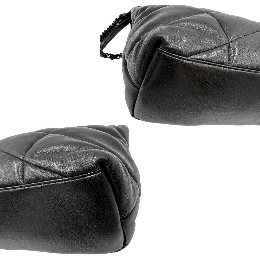 Angoli di una borsa Saint Laurent in pelle con impunture trapuntate, con parti metalliche in ottone nero, indossabile a spalla o a tracolla, usata, originale, second hand, in ottime condizioni.