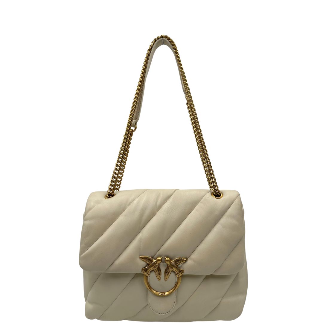 front  Borsa Pinko realizzata in morbida pelle bianca matelassè, di lusso, originale, ottime condizioni, usata. 