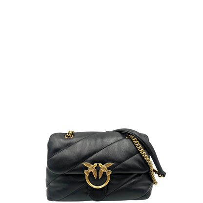 Front di una Pinko in pelle nera trapuntata, indossabile a spalla o a tracolla, usata, originale, second hand, in ottime condizioni.