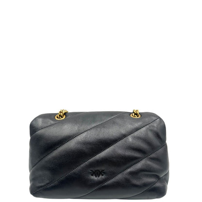 Retro di una Pinko in pelle nera trapuntata, indossabile a spalla o a tracolla, usata, originale, second hand, in ottime condizioni.