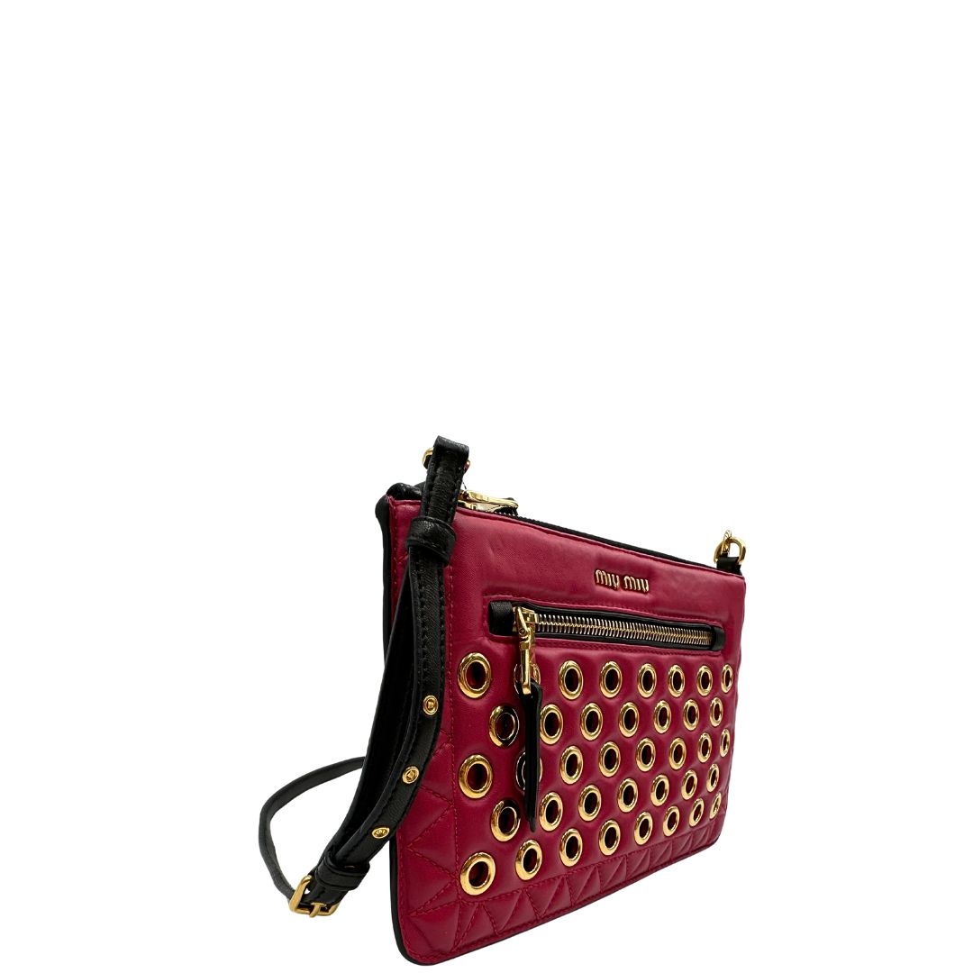 Laterale sinistro di una pochette con tracolla Miu Miu Biker in morbida nappa vele color azalea e hardware dorato, caratterizzata da occhielli metallici, usata, originale, second hand, in ottime condizioni.