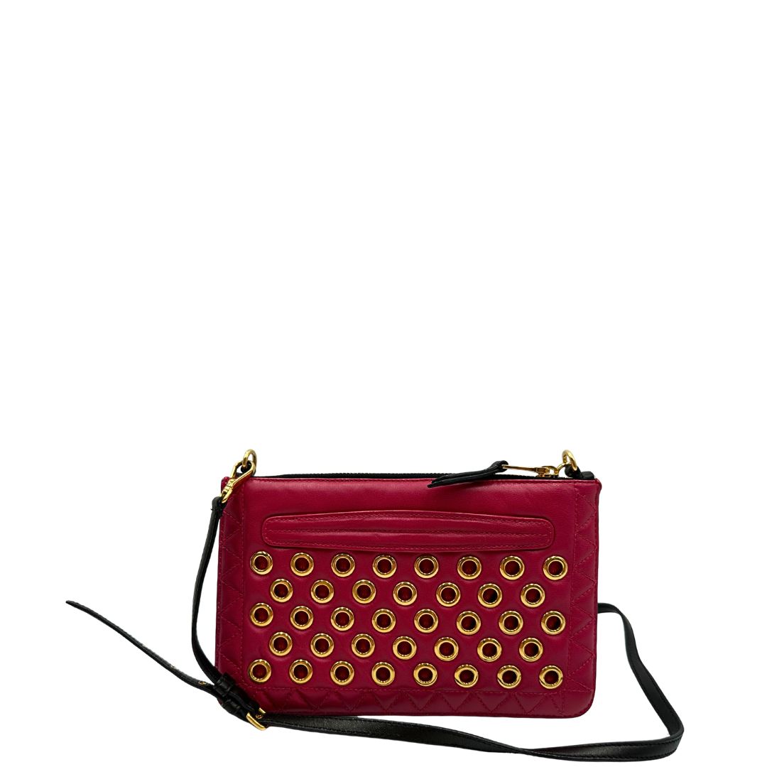 Retro di una pochette con tracolla Miu Miu Biker in morbida nappa vele color azalea e hardware dorato, caratterizzata da occhielli metallici, usata, originale, second hand, in ottime condizioni.