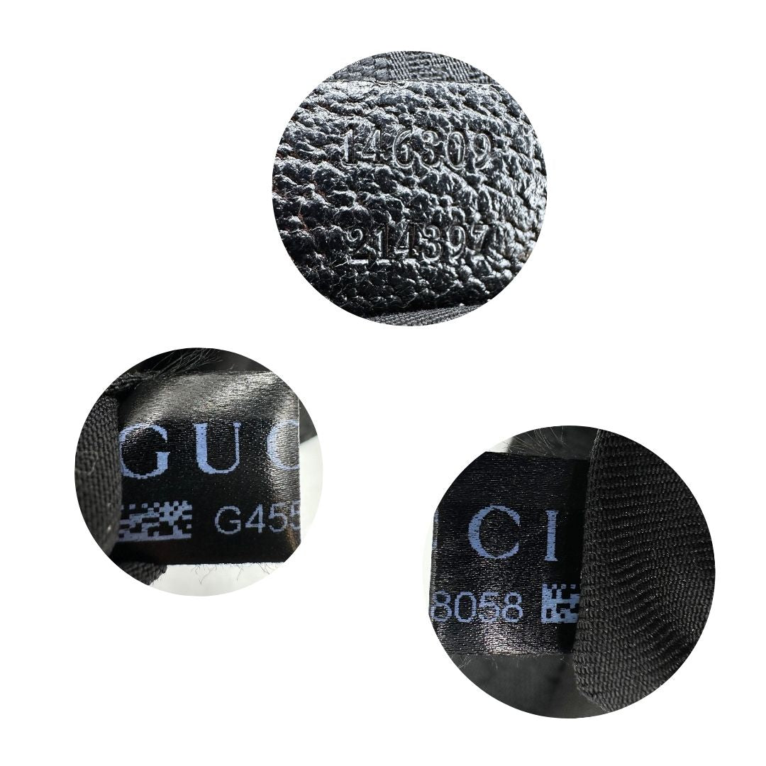 Codice di una borsa Gucci GG con tracolla Web regolabile e finiture in pelle nere, usata, originale, second hand, in ottime condizioni.