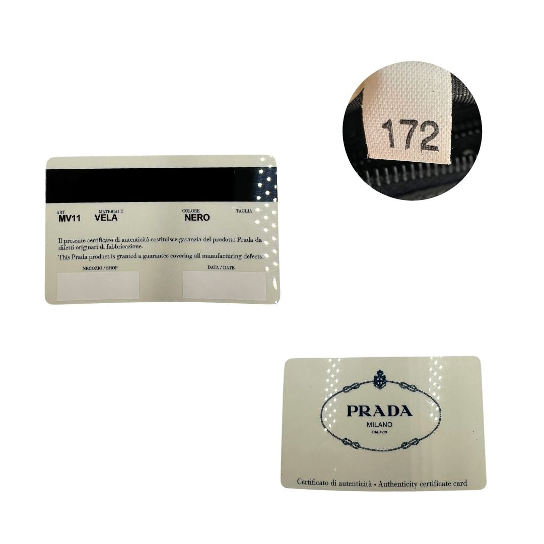 Codice e card d'autenticità di una pouch Prada in nylon nero e hardware argentato, usata, originale, second hand, in condizioni eccellenti.
