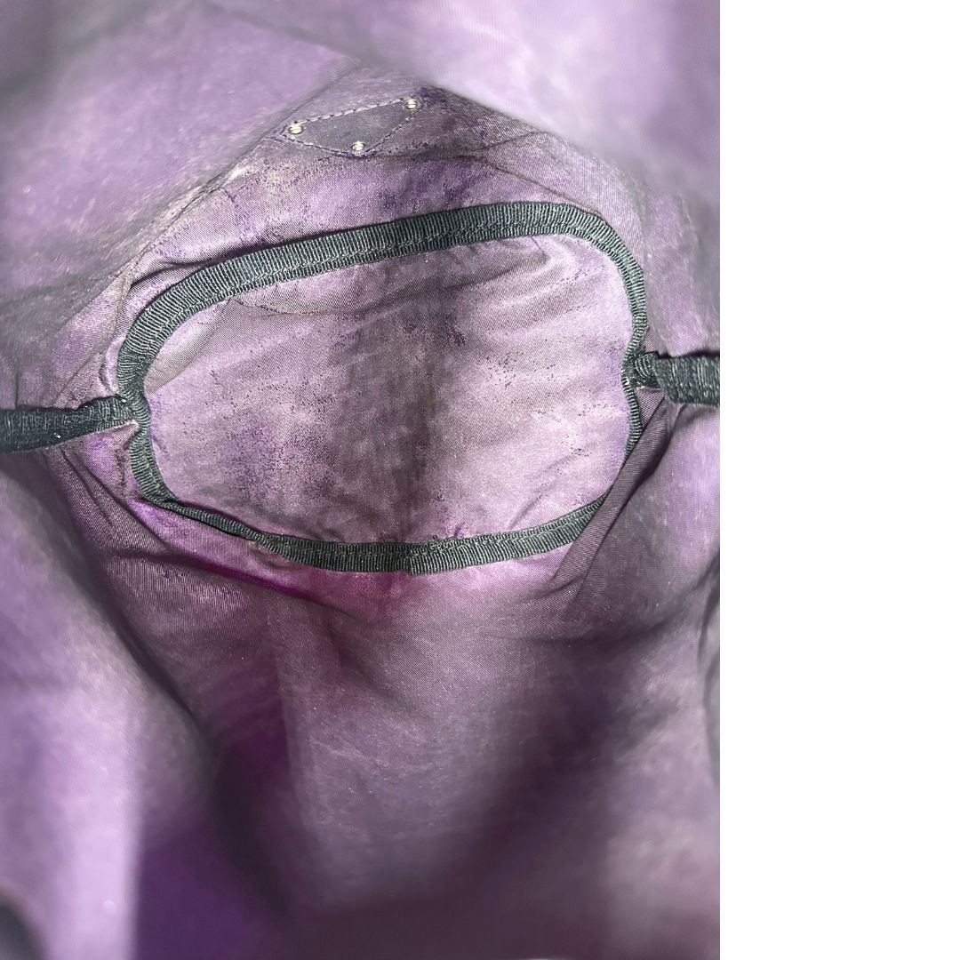 Interno di una pochette Prada in tessuto nylon viola e hardware argentato, usata, originale, second hand, in ottime condizioni.