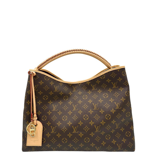 Front di una borsa Again Louis Vuitton, rivisitazione dell'iconica Artsy, in canvas monogrammato e dettagli in vacchetta naturale, usata, originale, second hand, in condizioni eccellenti.