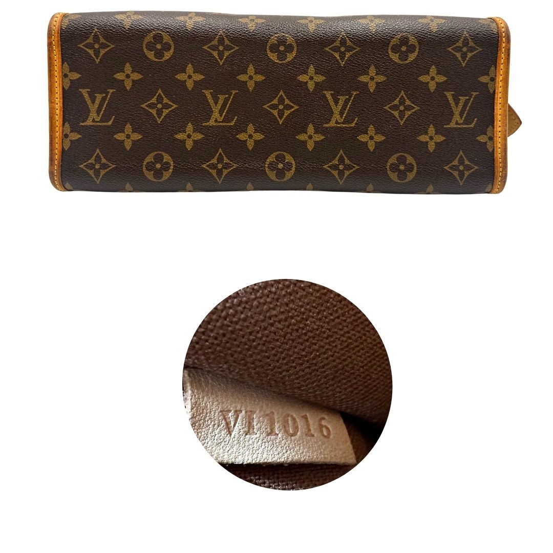 Base e codice di una borsa LV Popincourt realizzata in tela Monogram con parti in vacchetta naturale, usata, originale, second hand, in ottime condizioni.