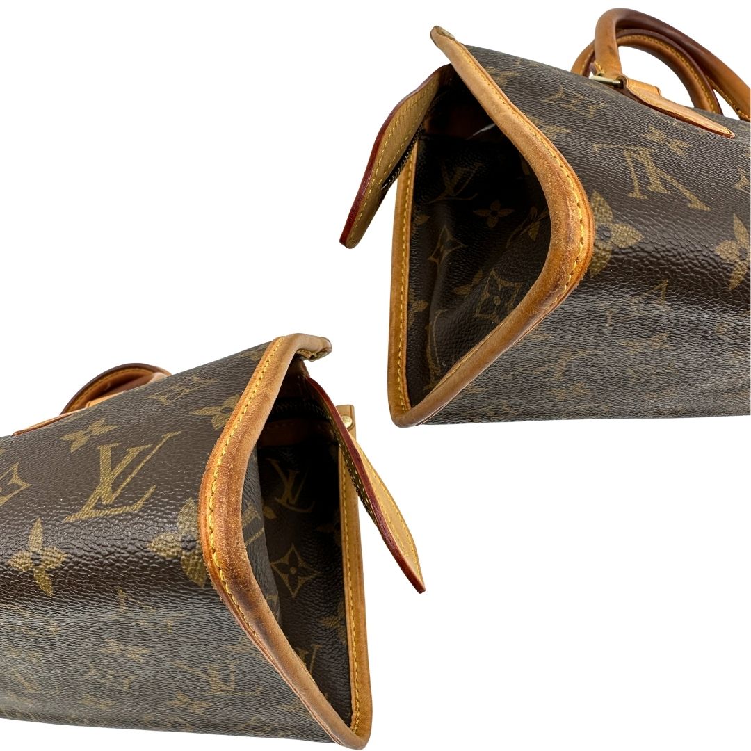 Angoli di una borsa LV Popincourt realizzata in tela Monogram con parti in vacchetta naturale, usata, originale, second hand, in ottime condizioni.