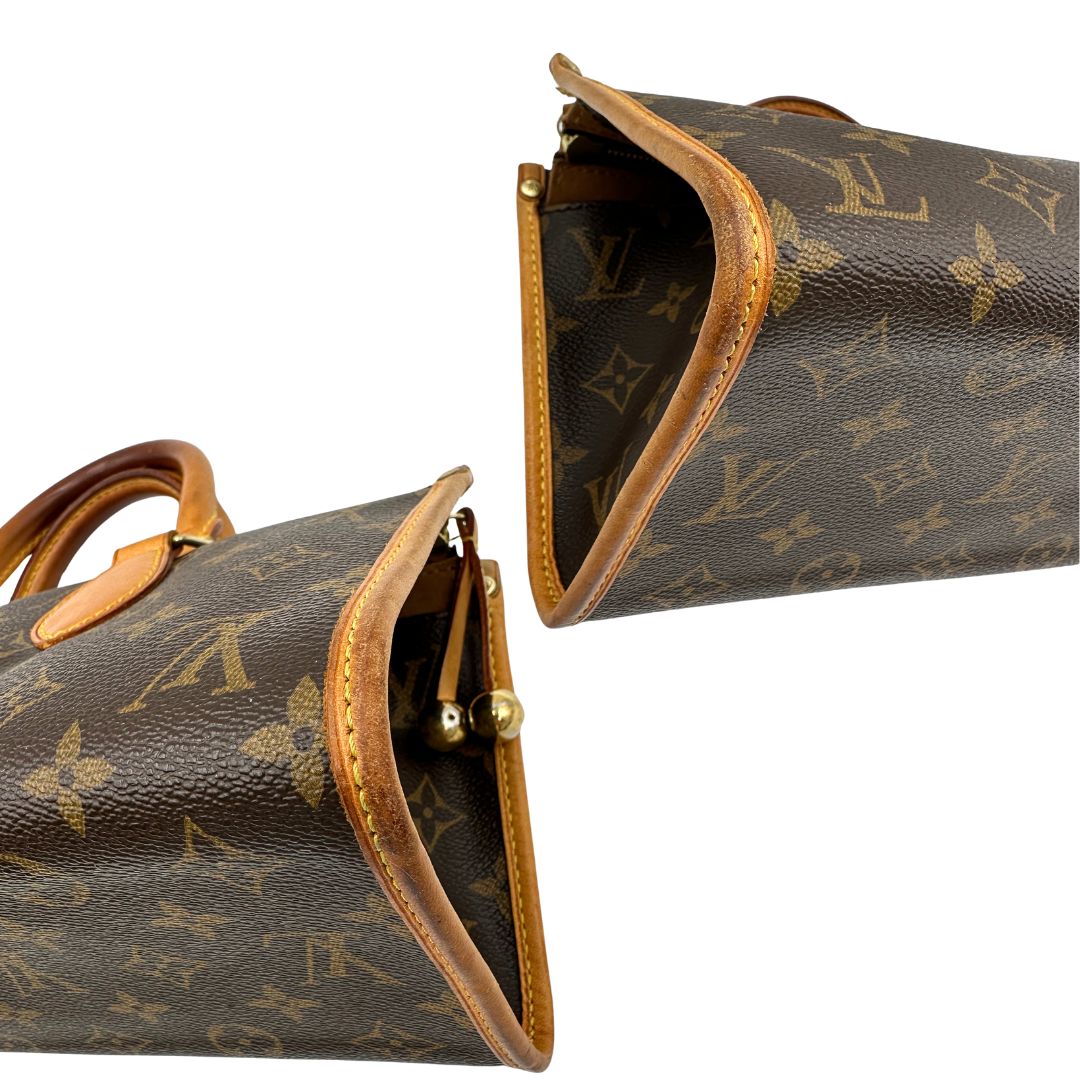 Angoli di una borsa LV Popincourt realizzata in tela Monogram con parti in vacchetta naturale, usata, originale, second hand, in ottime condizioni.