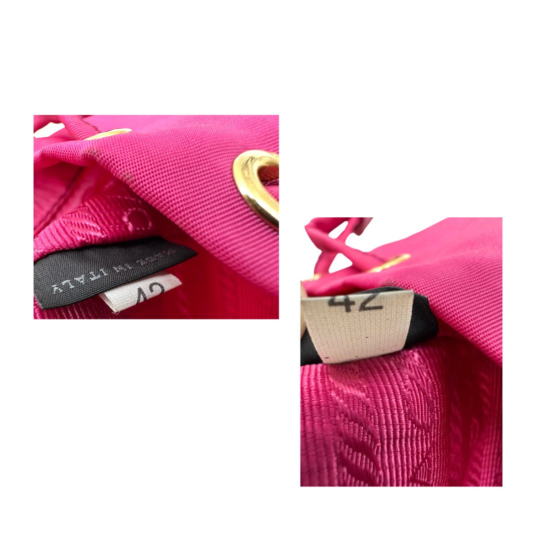 Necessaire Prada in tessuto fucsia e hardware dorato. Originale, usato, di lusso 
, in condizioni eccellenti.