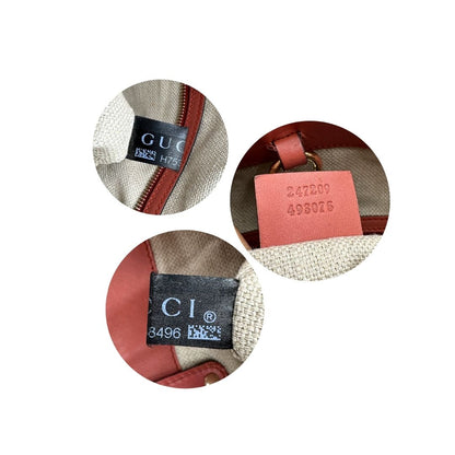 Codici di una shopper Gucci Craft in tela beige, con finiture in pelle color rosa corallo. Dotata anche di una comoda pochette estraibile, usata, originale, second hand, in ottime condizioni.