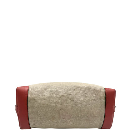 Base di una shopper Gucci Craft in tela beige, con finiture in pelle color rosa corallo. Dotata anche di una comoda pochette estraibile, usata, originale, second hand, in ottime condizioni.