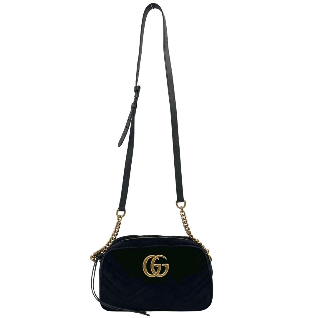 front Camera bag Gucci Marmont in velluto e finiture in pelle nere, di lusso, originale, ottime condizioni, usata. 