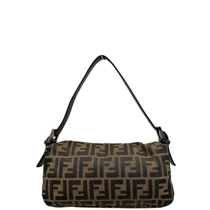 Retro di una borsa Fendi Baguette marrone in tessuto trama Zucca, indossabile a spalla, usata, originale, second hand, in ottime condizioni.