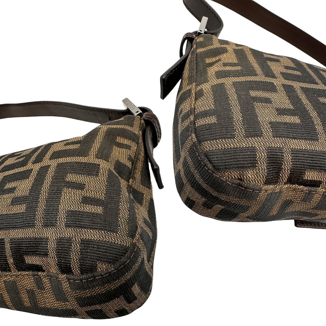 Angoli di una borsa Fendi Baguette marrone in tessuto trama Zucca, indossabile a spalla, usata, originale, second hand, in ottime condizioni.