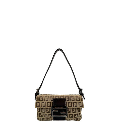 Front di una borsa mini Fendi Baguette beige e marrone in tessuto trama Zucchino, indossabile a spalla, usata, originale, second hand, in ottime condizioni.