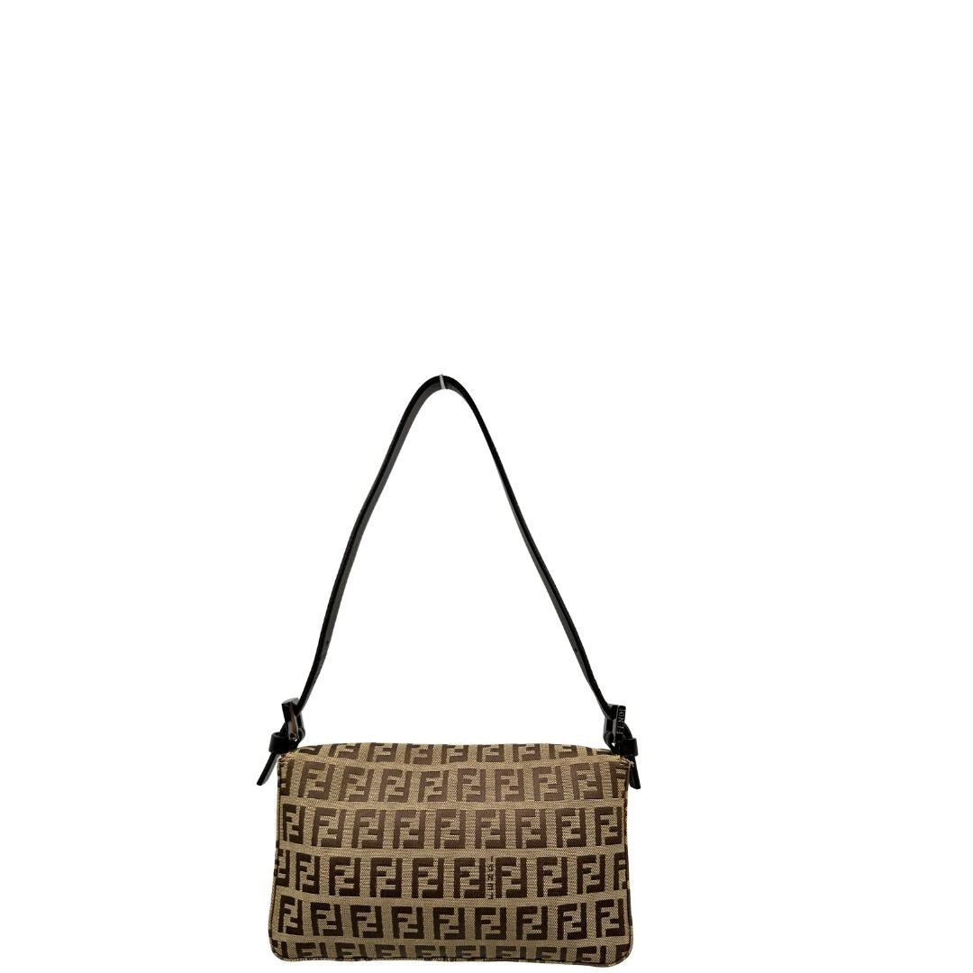 Retro di una borsa mini Fendi Baguette beige e marrone in tessuto trama Zucchino, indossabile a spalla, usata, originale, second hand, in ottime condizioni.