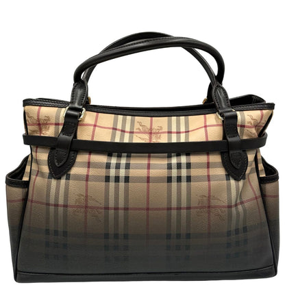 Retro di una shopper Burberry in canvas trama tartan con finiture in pelle marrone testa di moro ed effetto gradient sul canvas, usata, originale, second hand, in ottime condizioni.
