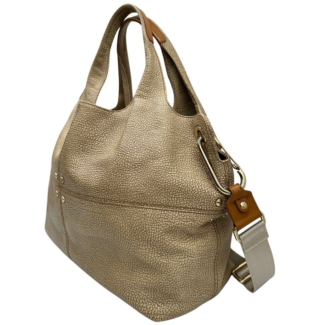 lato Tote Borbonese in pelle beige trama occhio di pernice, di lusso, originale, ottime condizioni, usata. 