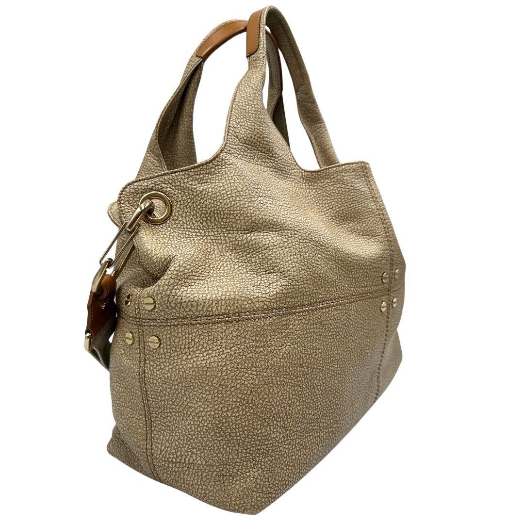 lato Tote Borbonese in pelle beige trama occhio di pernice, di lusso, originale, ottime condizioni, usata. 