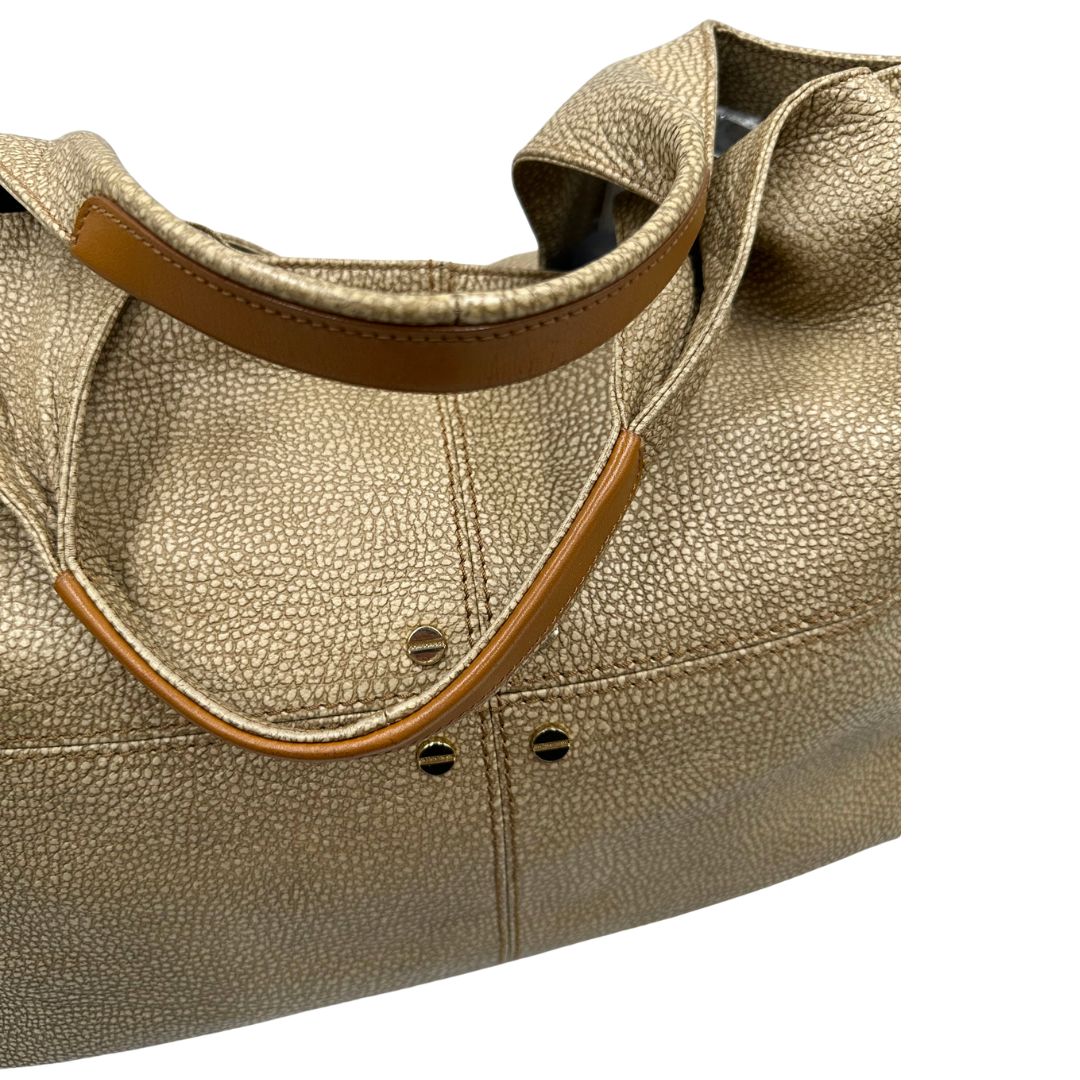 manici Tote Borbonese in pelle beige trama occhio di pernice, di lusso, originale, ottime condizioni, usata. 