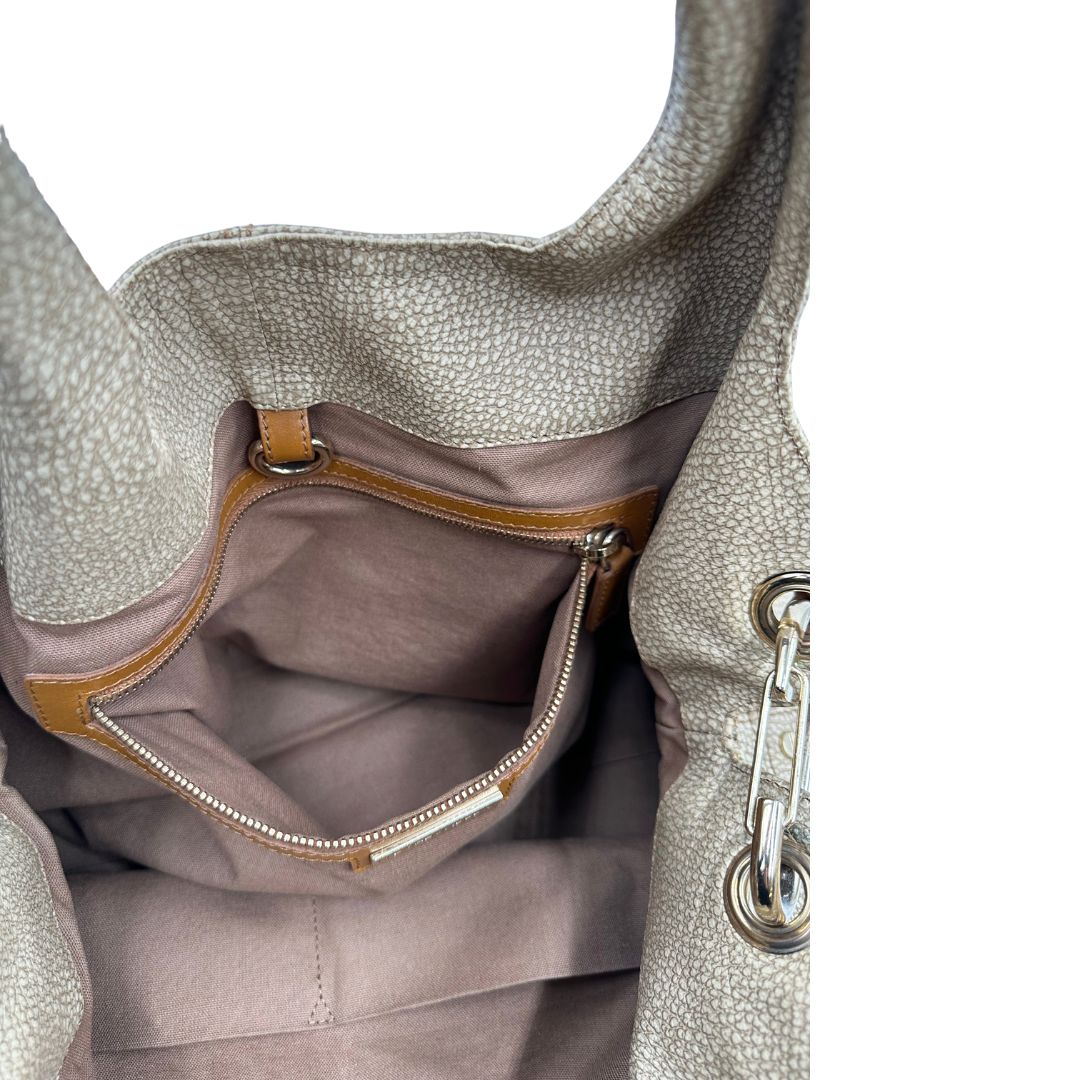 interno Tote Borbonese in pelle beige trama occhio di pernice, di lusso, originale, ottime condizioni, usata. v