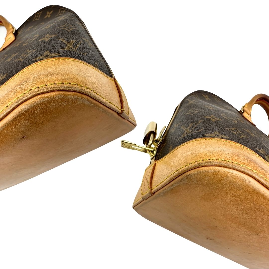 Angoli di una Louis Vuitton Alma in tela monogram nella versione PM, usata, originale, second hand, in ottime condizioni.