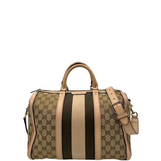Front di un bauletto Gucci Boston trama GG beige, impreziosito da striscia Web rosa cipria e marrone, usato, originale, second hand, in ottime condizioni.