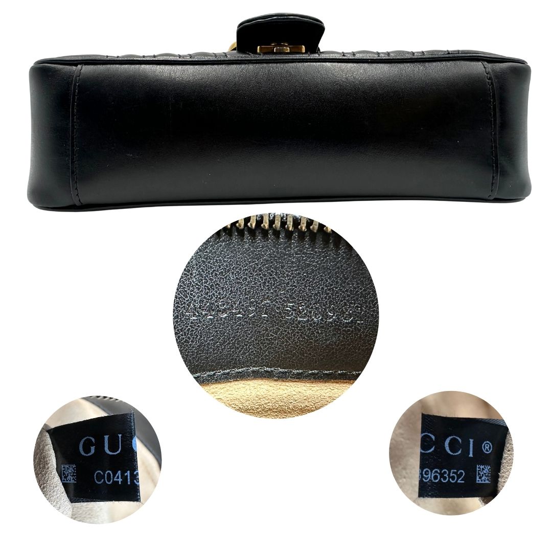 Base e codici di una borsa Gucci Marmont nera in pelle con motivo chevron nella misura media, usata, originale, second hand, in ottime condizioni.
