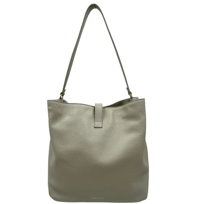 Retro di una borsa Coccinelle in morbida pelle color ghiaccio, indossabile a spalla, usata, originale, second hand, in ottime condizioni.