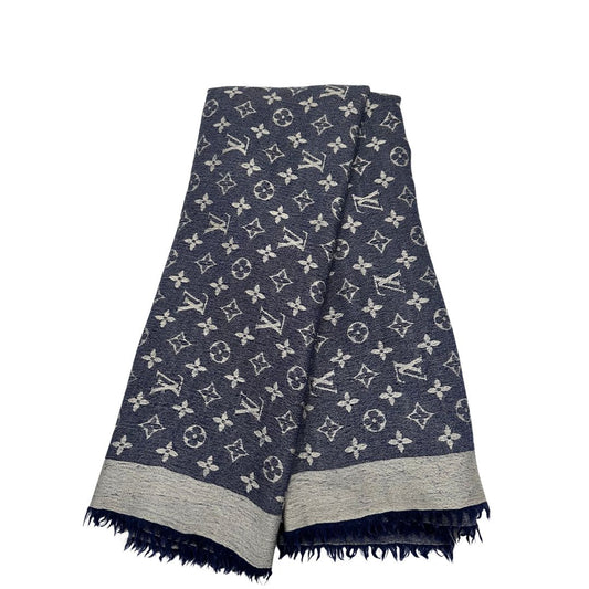 Front di una stola LV in 60% seta e 40% lana, in trama monogram ripetuto su entrambi i lati, blu e bianco, usata, originale, second hand, in buone condizioni.